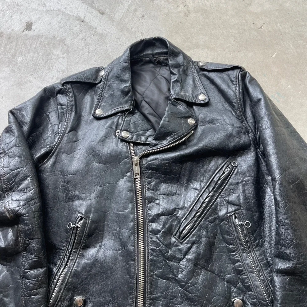 Vintage 60s Black Leather Motorcycle Jacket Biker Moto Asymmetrical Zip Mens 40